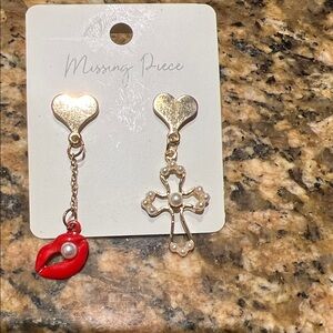 Gold Heart Earrings with Red Lip and Cross Charms